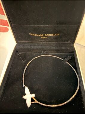 Handmade Porcelain Bird Necklace - White Porcelain Pendant on Silver Bangle
